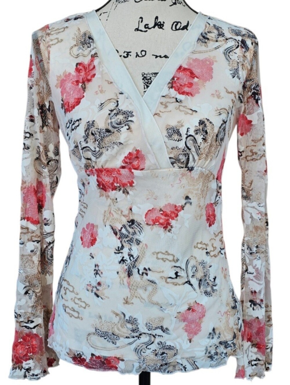 Wrapper Cream Floral Wrap-Style Long Sleeve Top with Pink Accents